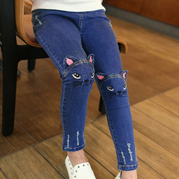 מכנסי ג'ינס רקומים דגם חתול לילדות